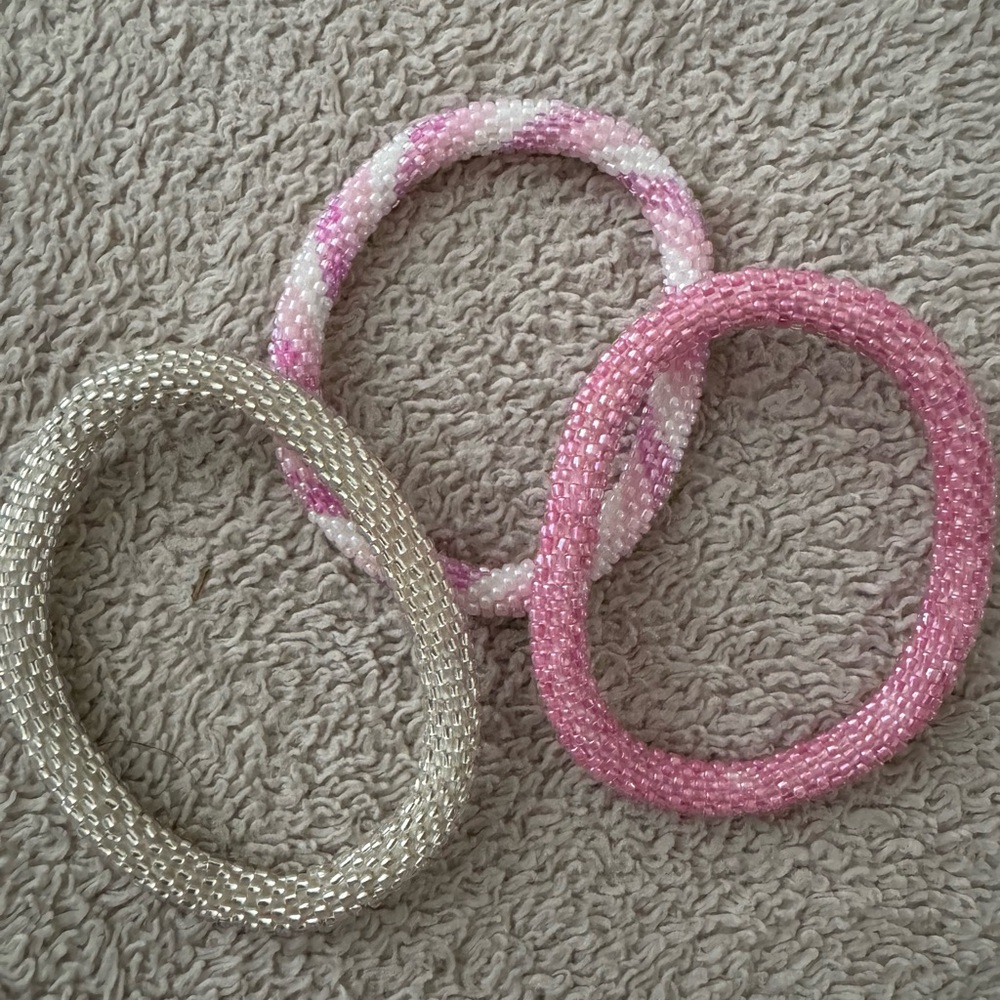 Pink and Silver Beaded Bracelets Set